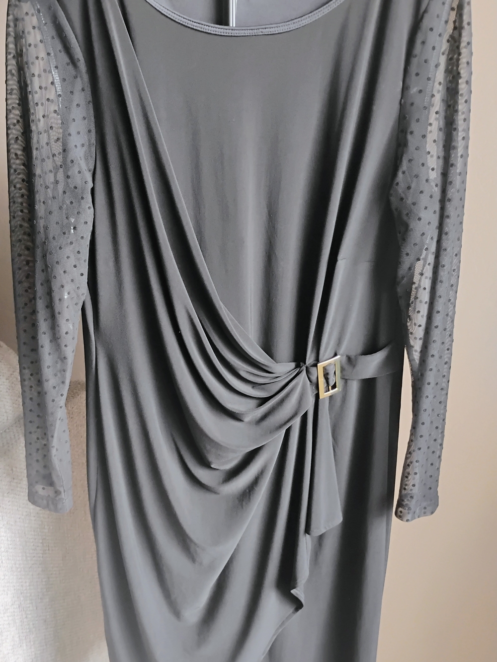 Anne Klein Size 1X Charcoal Draped Long-Sleeve Dress with Buckle Detail